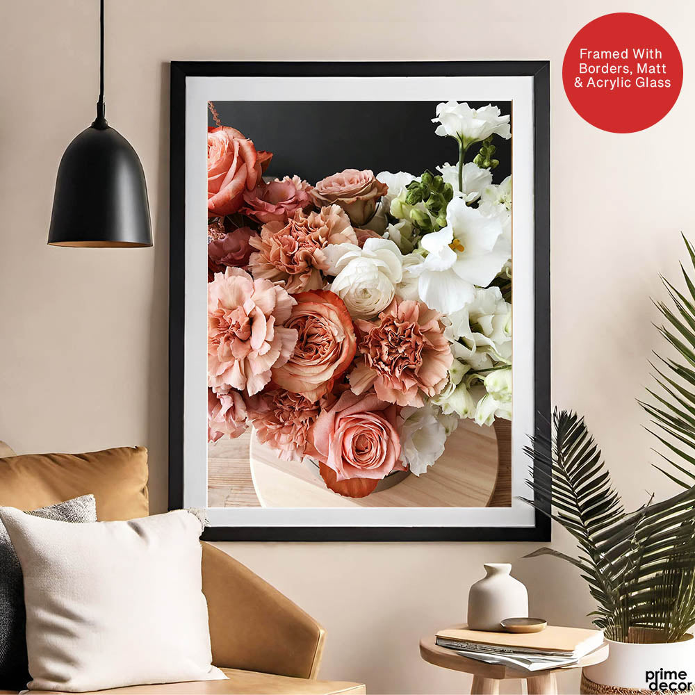 Beautiful Pink & White Flowers In A Bouquet Over Black Background | Abstract Floral Artwork #00455 - Prime Décor