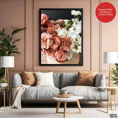Beautiful Pink & White Flowers In A Bouquet Over Black Background | Abstract Floral Artwork #00455 - Prime Décor