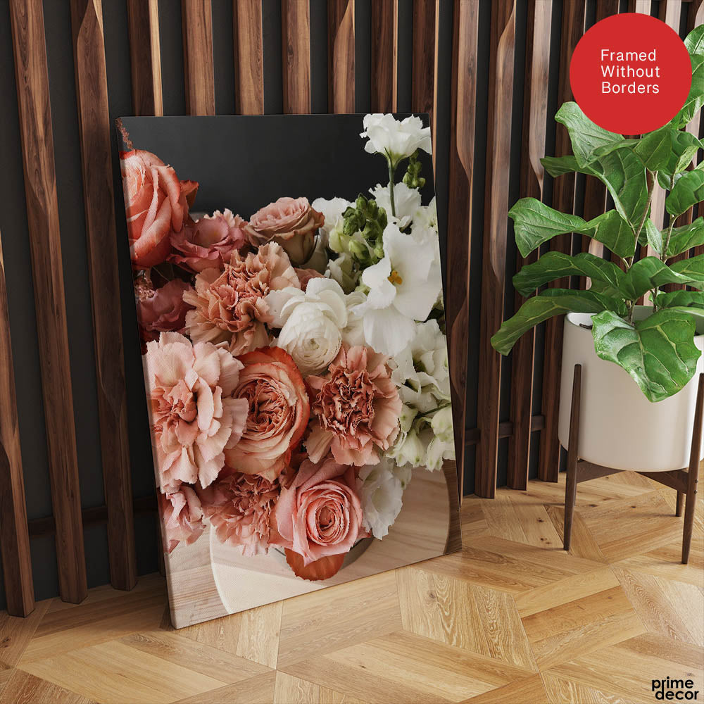 Beautiful Pink & White Flowers In A Bouquet Over Black Background | Abstract Floral Artwork #00455 - Prime Décor