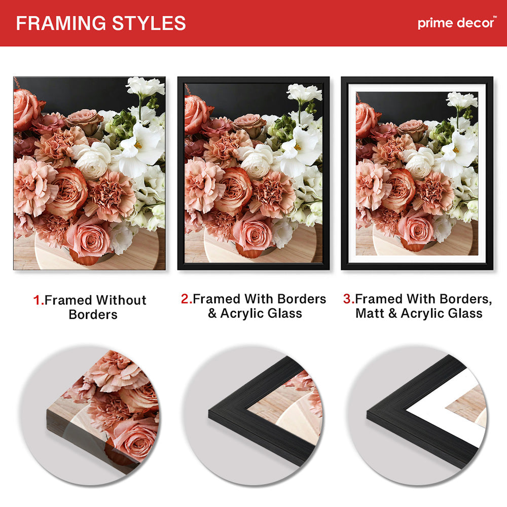 Beautiful Pink & White Flowers In A Bouquet Over Black Background | Abstract Floral Artwork #00455 - Prime Décor