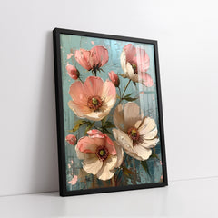 Abstract Peach Pink Poppies on Teal Impasto Style (Single Panel) Digital Painting Wall Art