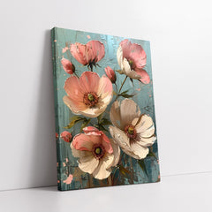Abstract Peach Pink Poppies on Teal Impasto Style (Single Panel) Digital Painting Wall Art