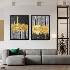 Black & Gold Gilded Azure Textured Style Design (2 Panel) Abstract Wall Art