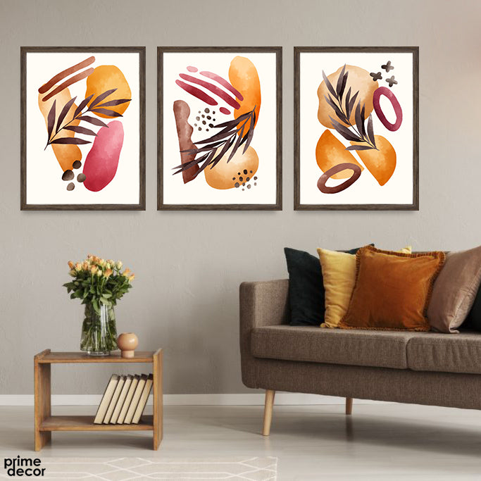 Abstract Brown Leaves Over Colorful Background (3 Panel) Floral Wall Art - Prime Décor