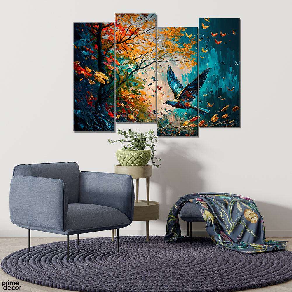 Bird & Butterflies Acrylics Brush Strokes Style (4 Panel) Digital Wall Art - Prime Décor