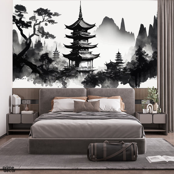 Abstract Black & White Japanese Style Artwork | Nature Wallpaper Mural
