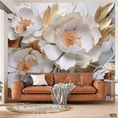 Beautiful White Flowers With Golden Leaves | Floral Wallpaper Mural