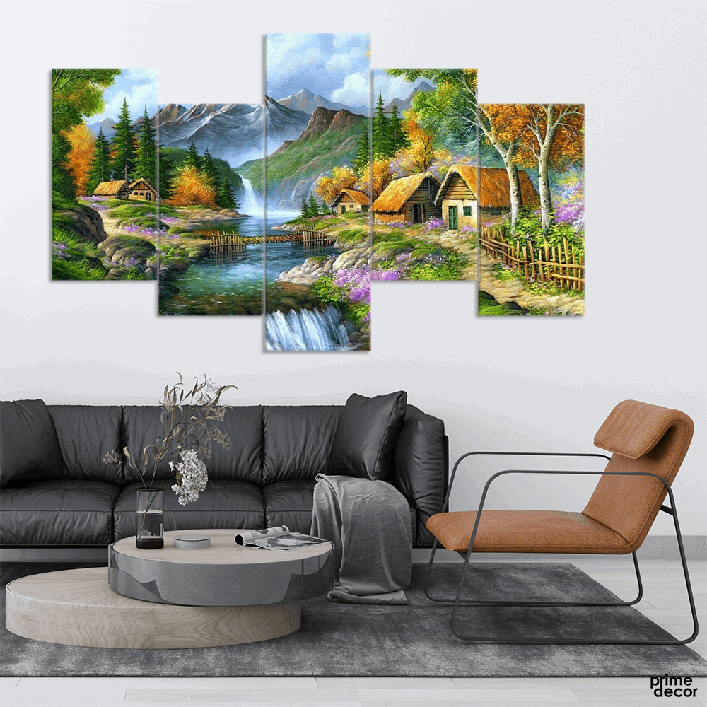 Beautiful Mountain Rural Cottages (5 Panel) Village Wall Art On Sale - Prime Décor