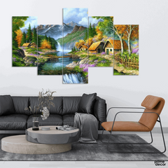 Beautiful Mountain Rural Cottages (5 Panel) Village Wall Art On Sale - Prime Décor