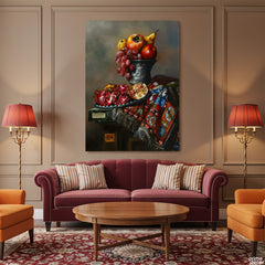 Rustic Pomegranate & Silver Vase Still Life Style (Single Panel) Digital Painting Wall Art