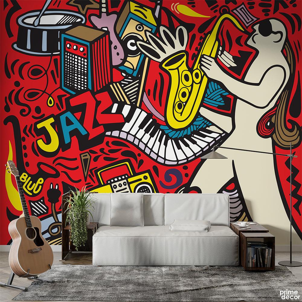 Jazz Trumpet Guy With Doodling Style Musical Instruments | Musical Wallpaper Mural - Prime Décor