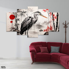 Beautiful Red & Black Artwork Of A Bird In Lake (5 Panel) Nature Wall Art - Prime Décor