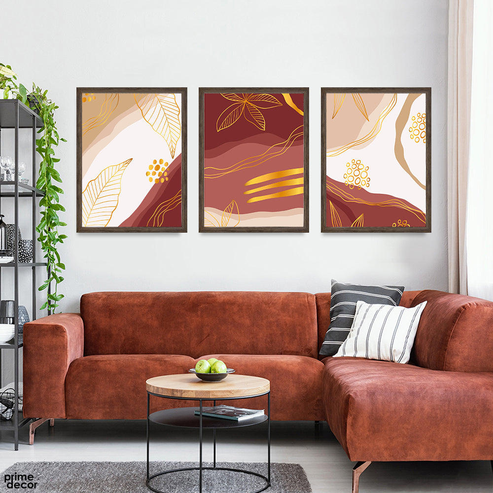 Abstract Red & Gold Floral Artwork Over Beige Background (3 Panel) Floral Wall Art - Prime Décor