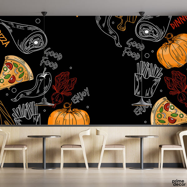 Enjoy Good Food Typography With Black & Gold Abstract Artwork | Restaurant Wallpaper Mural