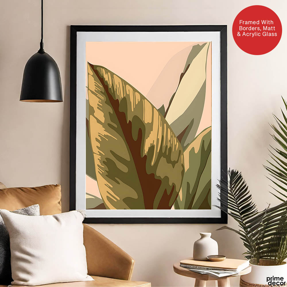 Pale Copper & Green Exotic Leaves On Beige Background | Abstract Floral Artwork #0046 - Prime Décor