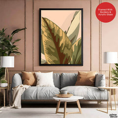 Pale Copper & Green Exotic Leaves On Beige Background | Abstract Floral Artwork #0046 - Prime Décor