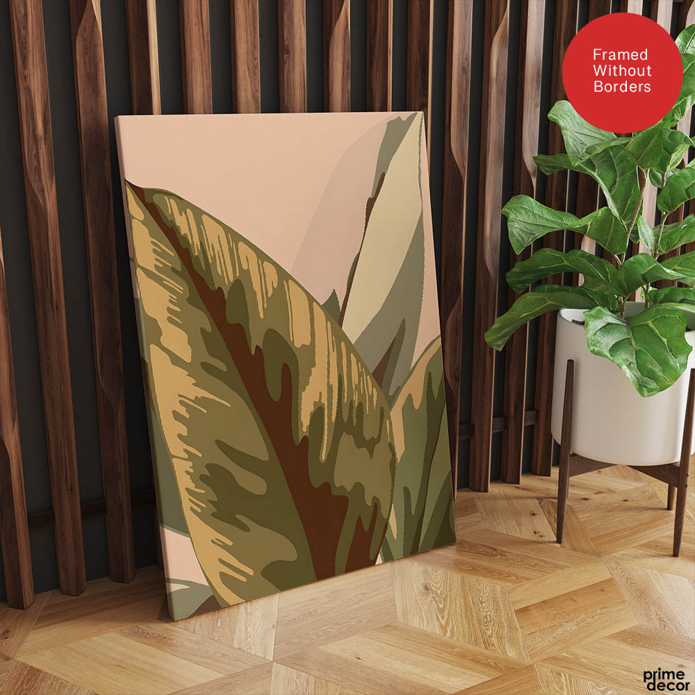 Pale Copper & Green Exotic Leaves On Beige Background | Abstract Floral Artwork #0046 - Prime Décor