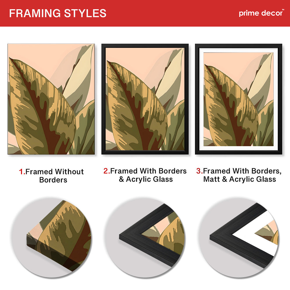 Pale Copper & Green Exotic Leaves On Beige Background | Abstract Floral Artwork #0046 - Prime Décor