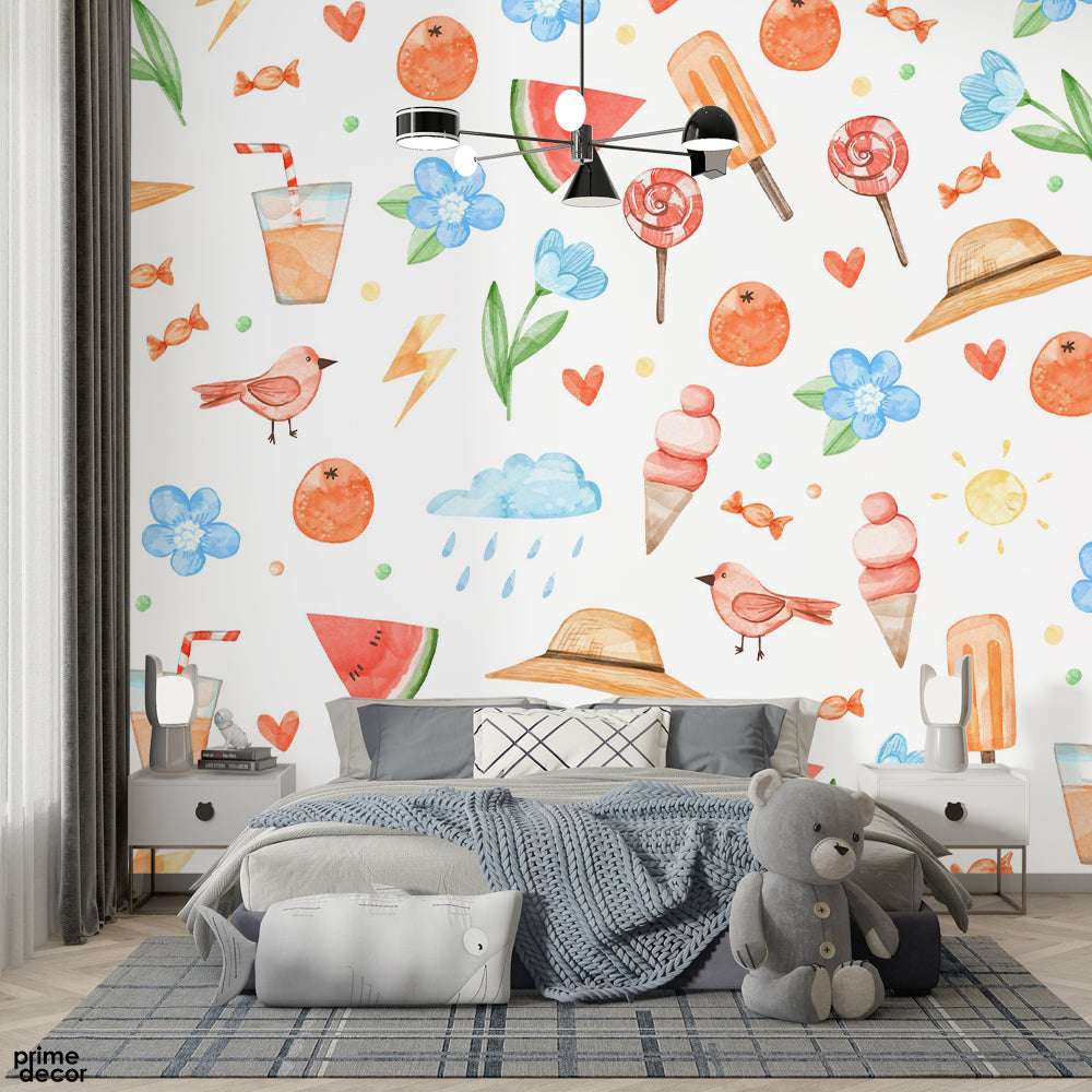 Beautiful Kids Food Artworks Over White Background | Kids Wallpaper Mural