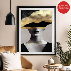 Black & Gold Abstract Design With Woman Face Over Grey Background | Abstract Fashion Artwork #00475 - Prime Décor