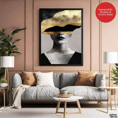 Black & Gold Abstract Design With Woman Face Over Grey Background | Abstract Fashion Artwork #00475 - Prime Décor