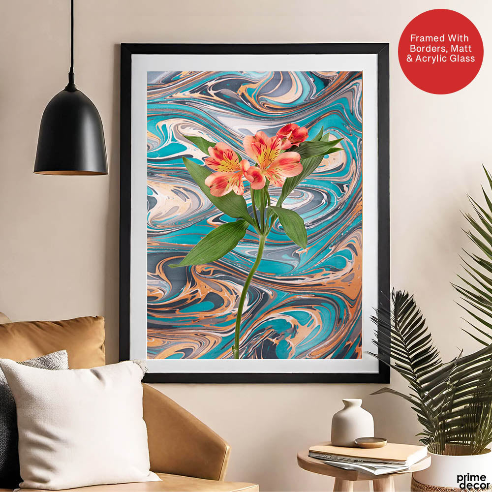 Pink & Green Abstract Floral Design  Over Colorful Background | Abstract Floral Artwork #00477 - Prime Décor
