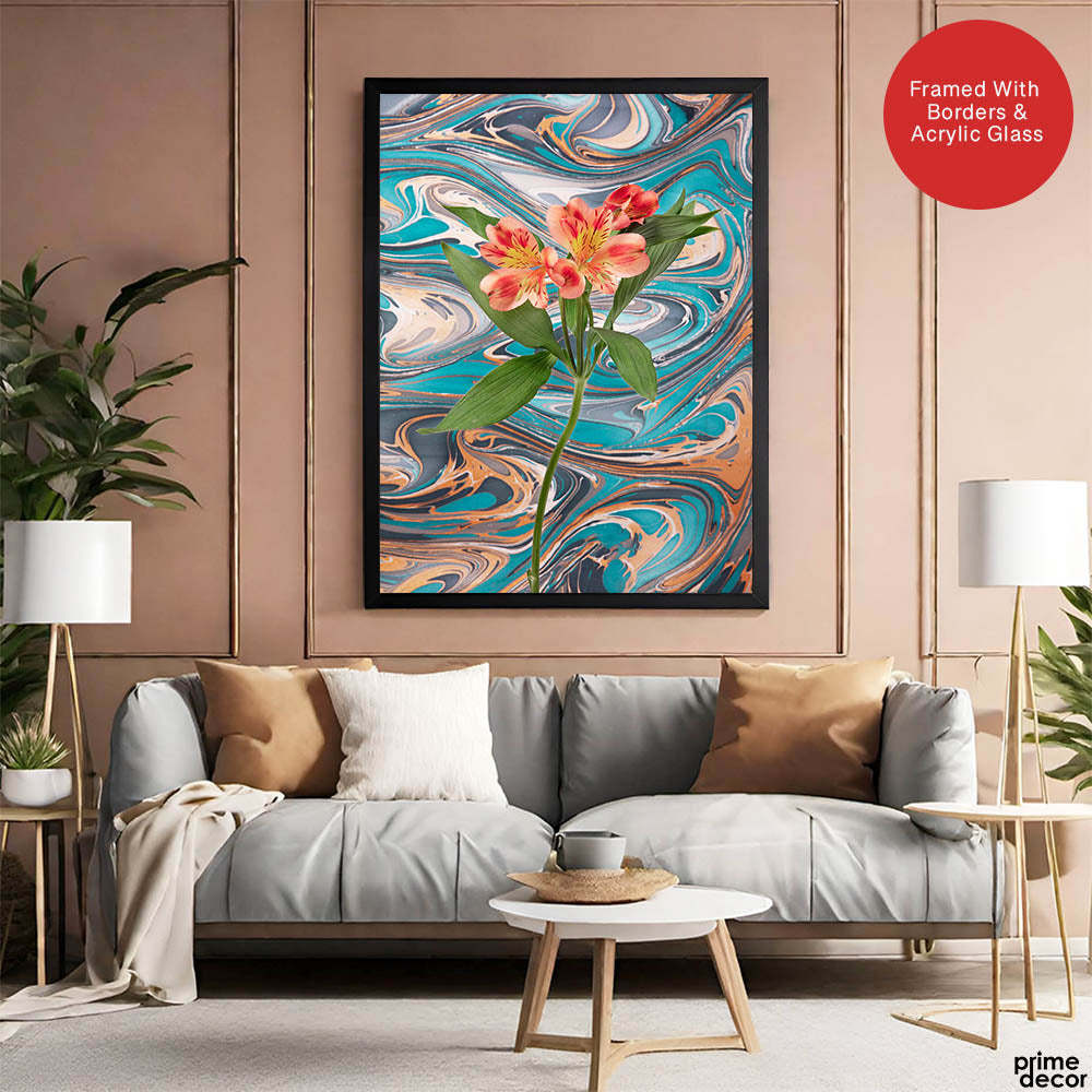 Pink & Green Abstract Floral Design  Over Colorful Background | Abstract Floral Artwork #00477 - Prime Décor