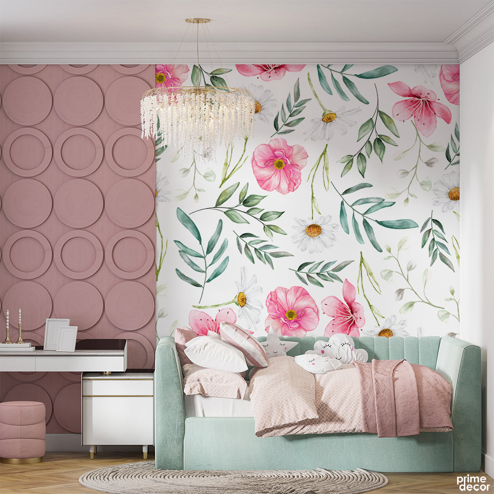 Pastel Pink & Dusty Teal Watercolor Flowers And Leaves | Floral Wallpaper Mural - Prime Décor