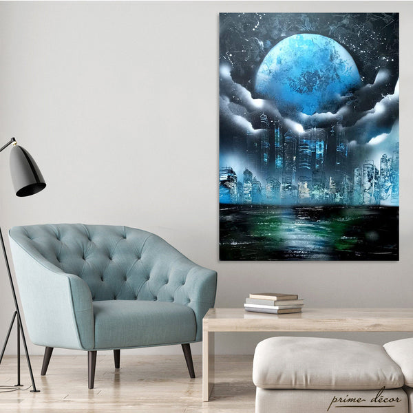 Moon Over Skyscrapers | Handmade Painting
