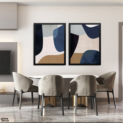 Navy Blue & Tan Organic Shapes  Mid-Century Modern (2 Panel) Abstract Wall Art