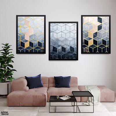 Abstract Black & Gold Geometric Design With Gold Lines (3 Panel) Abstract Wall Art - Prime Décor