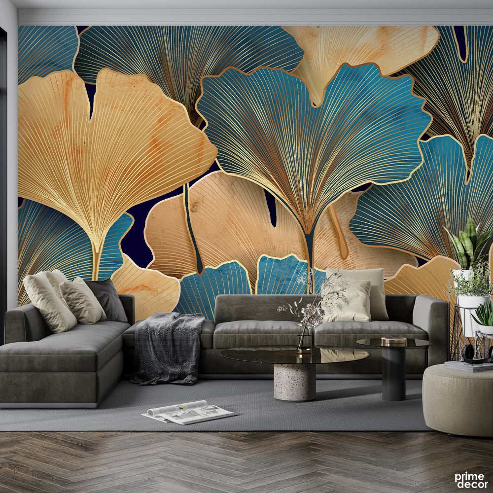 Beautiful Floral Artwork With Blue & Golden Lines | Floral Wallpaper Mural