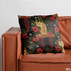 Tiger With Green Leaves & Red Flowers | Floral Cushion #485