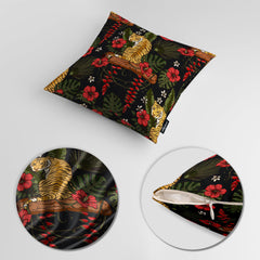 Tiger With Green Leaves & Red Flowers | Floral Cushion #485