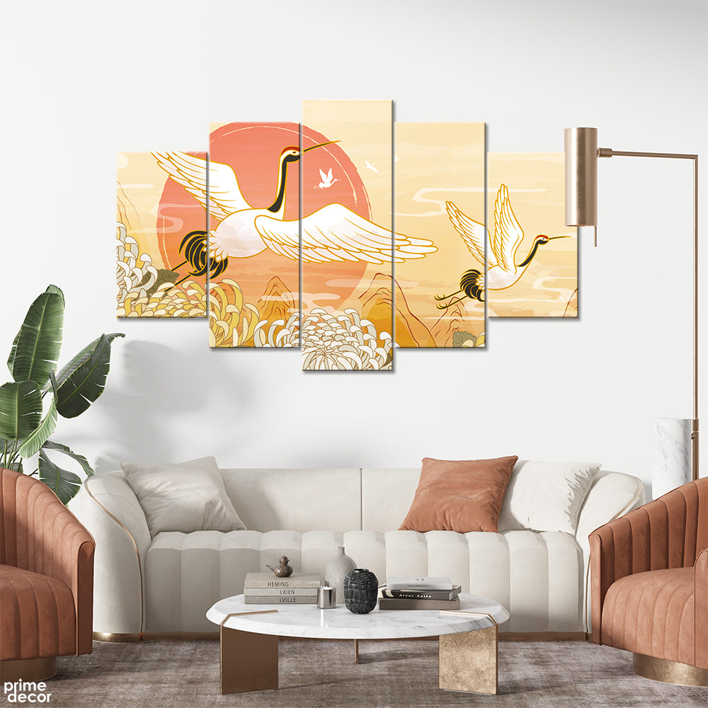 Japanese Inspired Crane Over The Flowery Mountains (5 Panel) Nature Wall Art - Prime Décor