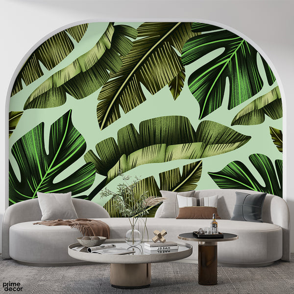 Abstract Exotic Leaves Over Light Green Background | Floral Wallpaper Mural
