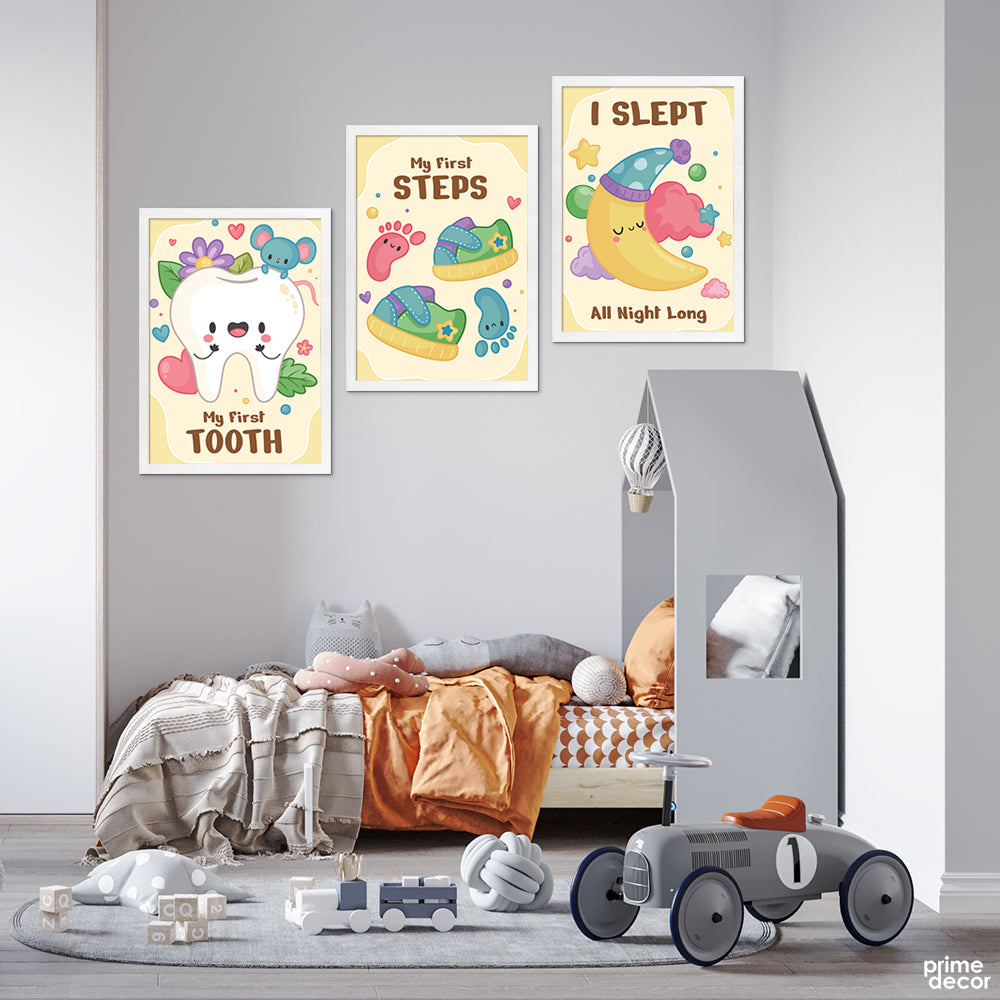 My First Steps Cute Kids Elements (3 Panel) Nursery Wall Art - Prime Décor