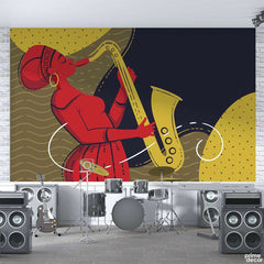 African Woman Blowing Trumpet Illustration | Musical Wallpaper Mural - Prime Décor