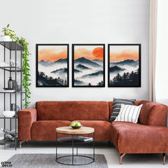 Teal Misty Mountains & Orange Sun Watercolor Style (3 Panel) Landscape Wall Art