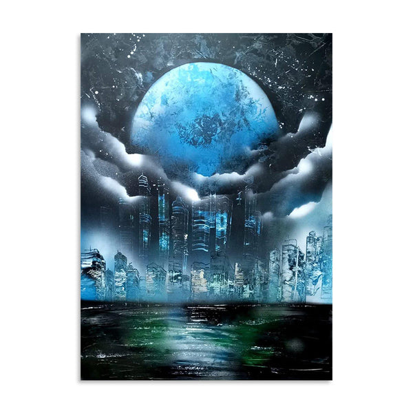 Moon Over Skyscrapers | Handmade Painting