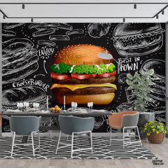 Realistic Burger Chalkboard Background | Wallpaper Mural - Prime Décor