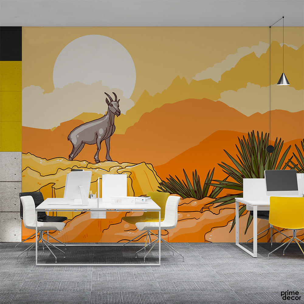 Mountain Goat At Sunset Illustration | Office Wallpaper Mural - Prime Décor
