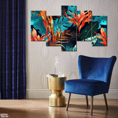 Aqua Blue & Orange Exotic Tropical Leaves (5 Panel) Floral Wall Art - Prime Décor