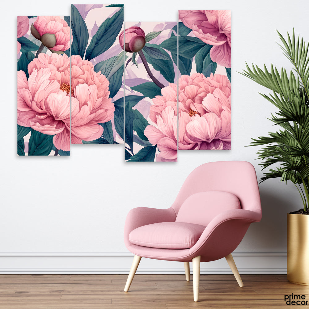 Beautiful Pink & Green Flowers (4 Panel) Floral Wall Art - Prime Décor
