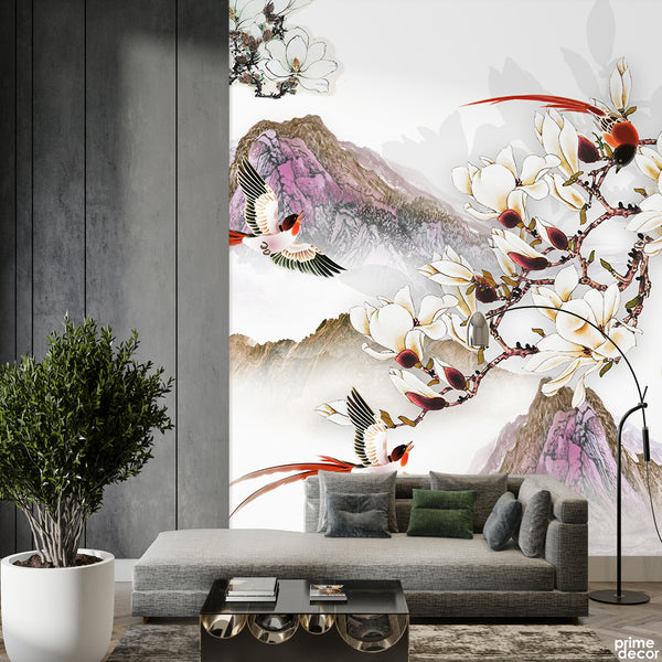 Beautiful Red & White Flowers With Flying Birds | Floral Wallpaper Mural