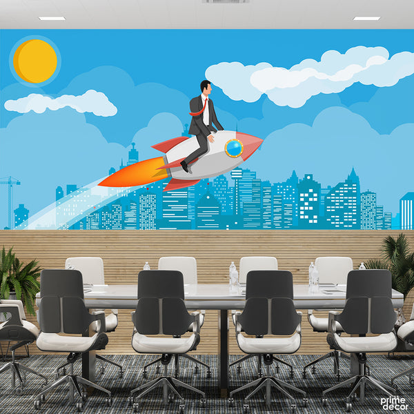 Man In Suit Flying Towards New Heights | Office Wallpaper Mural