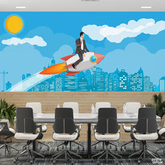Man In Suit Flying Towards New Heights | Office Wallpaper Mural