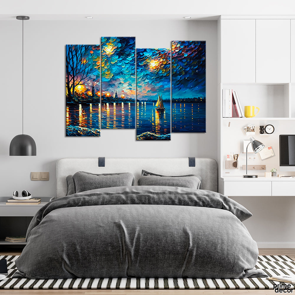 Sailboat At Night Acrylics Brush Strokes Style (4 Panel) Digital Wall Art - Prime Décor