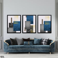 Royal Blue & Gold Perforated Geometric Grid (3 Panel) Modern Abstract Wall Art