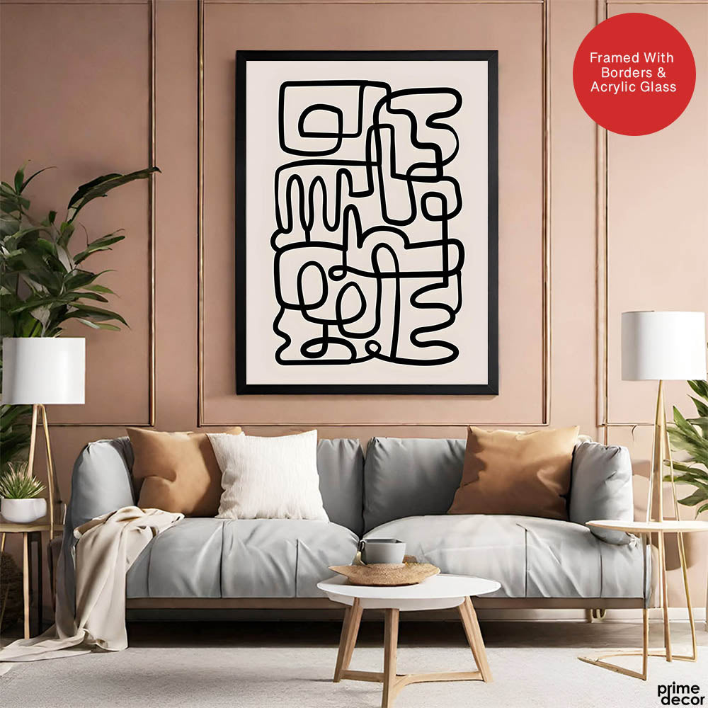 Black Line Art On Grey Background Abstract Design | Abstract Office Artwork #0050 - Prime Décor